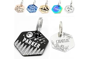 Personalized Pet ID Tags, Customizable Hexagon, Bone and Round Shapes, Multiple Designs with Mountain, Floral, and Night Sky 