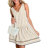 Acelitt Womens Summer Sleeveless Striped Dresses Casual Loose V Neck Flowy Ruffle Babydoll Dress Beach Vacation Sundress
