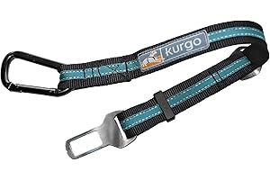 Kurgo Direct to Seatbelt Tether - Easy-Use Dog Car Harness Clip - Adjustable Ride Strap - Universal Fit for Most Vehicles - All Steel Hardware - Backseat Restraint - Coastal Blue