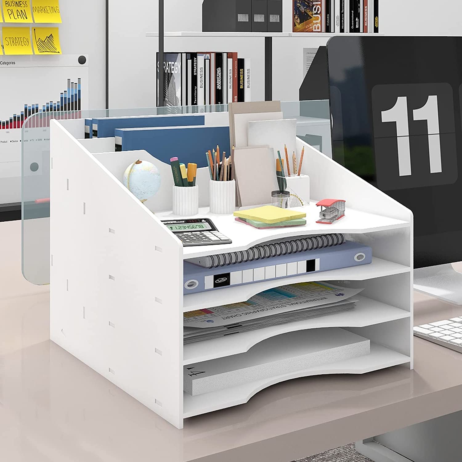 PUNCIA Office White Desk Organizer Letter Tray Desktop File Holder Mail Paper Sorter Binder Folder File Rack Office Supplies Stationery Storage for Study Home School