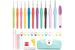 Crochet Hook Set 11 Sizes (2.0-7.0mm) 34PCS with Ergonomic Soft Grip for Arthritic Hands - Crochet Kit for Beginners, Gift fo