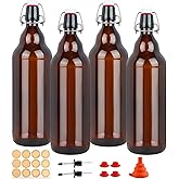 HWASHIN Amber Swing Top Glass Bottles 32 oz, 4 Pack Flip Top Bottles with Airtight Stopper for Home Brewing, Kombucha, Beer, Kefir, Beverages