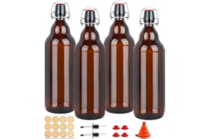 HWASHIN Amber Swing Top Glass Bottles 32 oz, 4 Pack Flip Top Bottles with Airtight Stopper for Home Brewing, Kombucha, Beer, 