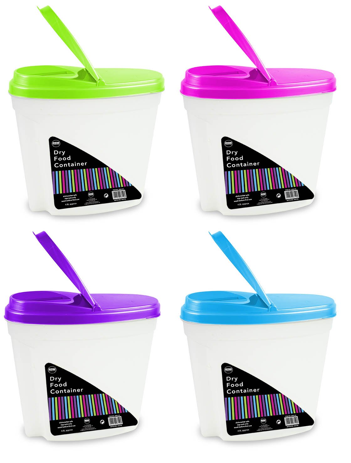 Dry food storage containers 4.8 litres with lid quality plastic perfect for storing food such as cereals dog food pet treats cookies chocolate and great for saving space in the kitchen. Comes as a pack of 4.
