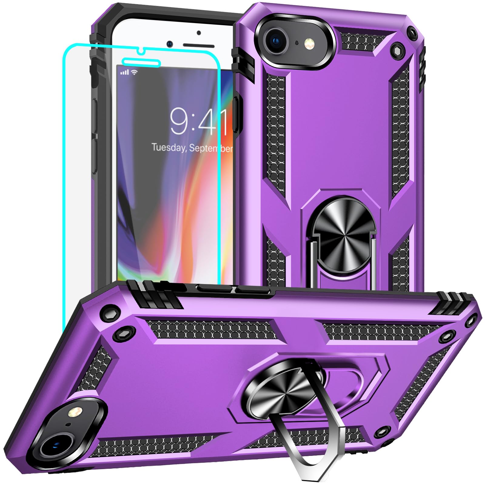 Yiakeng for iPhone 8 Case, iPhone 7 Case With Screen Protector, Silicone Shockproof Military Grade Protective Phone Cover for iPhone SE 2020 (Purple)