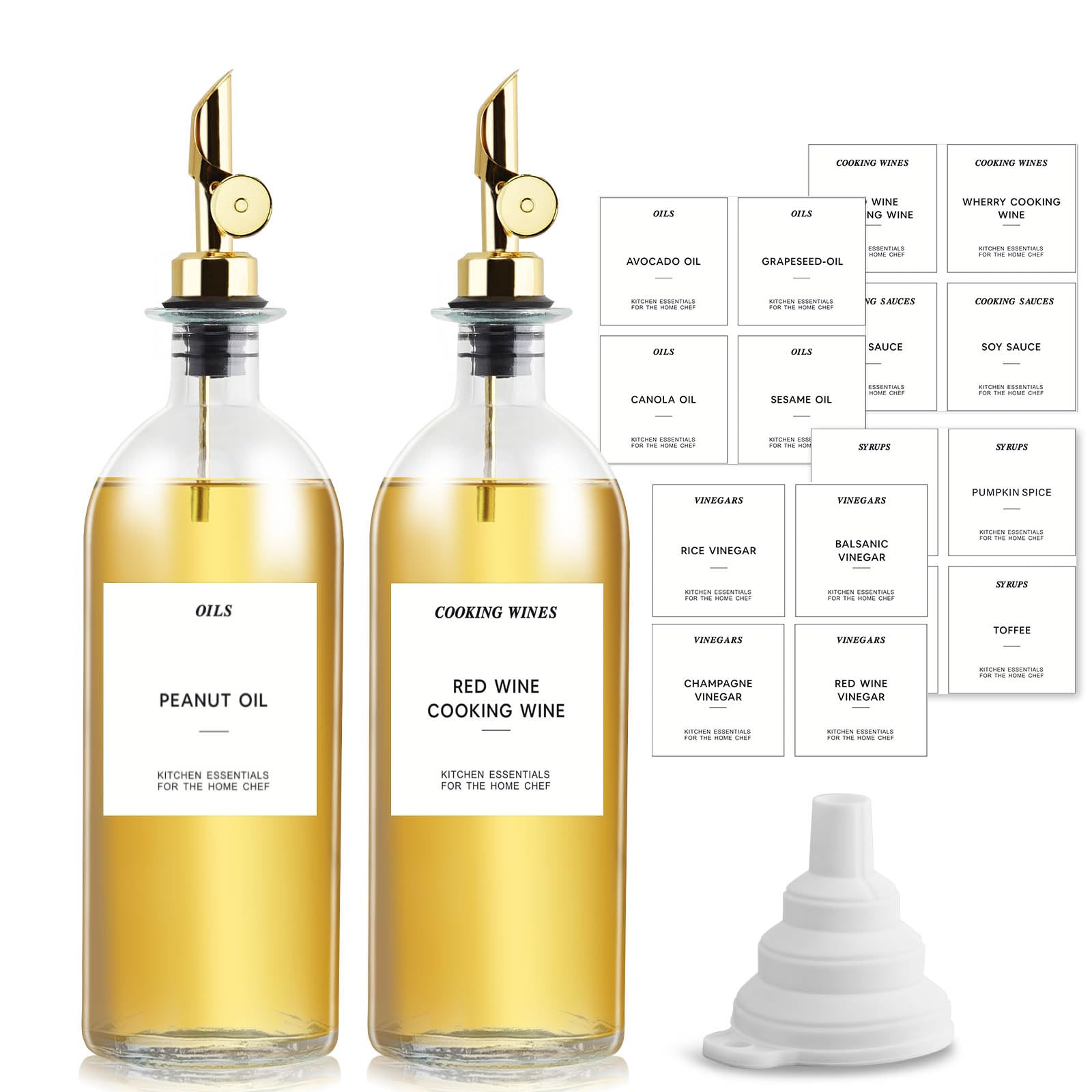 sunal Olive Oil Dispenser Bottle for Kitchen,Set of 2 Gold 16.9oz/500ml Oil and Vinegar Dispenser Set with Weighted Pourer,Glass Coffee Syrup Dispenser with Waterproof Label×40,Silicone Funnel×1