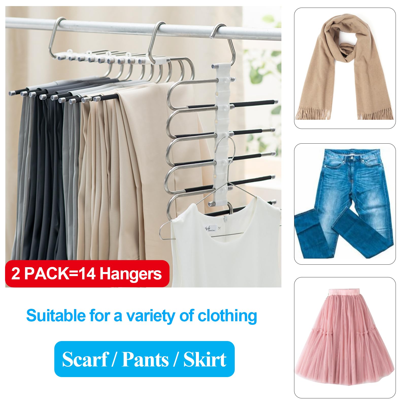 Loputon 2 Stück Hosenbügel Kleiderbügel Platzsparend aus Edelstahl rutschfest Faltbare Multifunktionaler Bügel für Hosen, Schals, Jeans, Kleidung, Handtücher (Schwarz mit 14 Kleiderbügels) 2