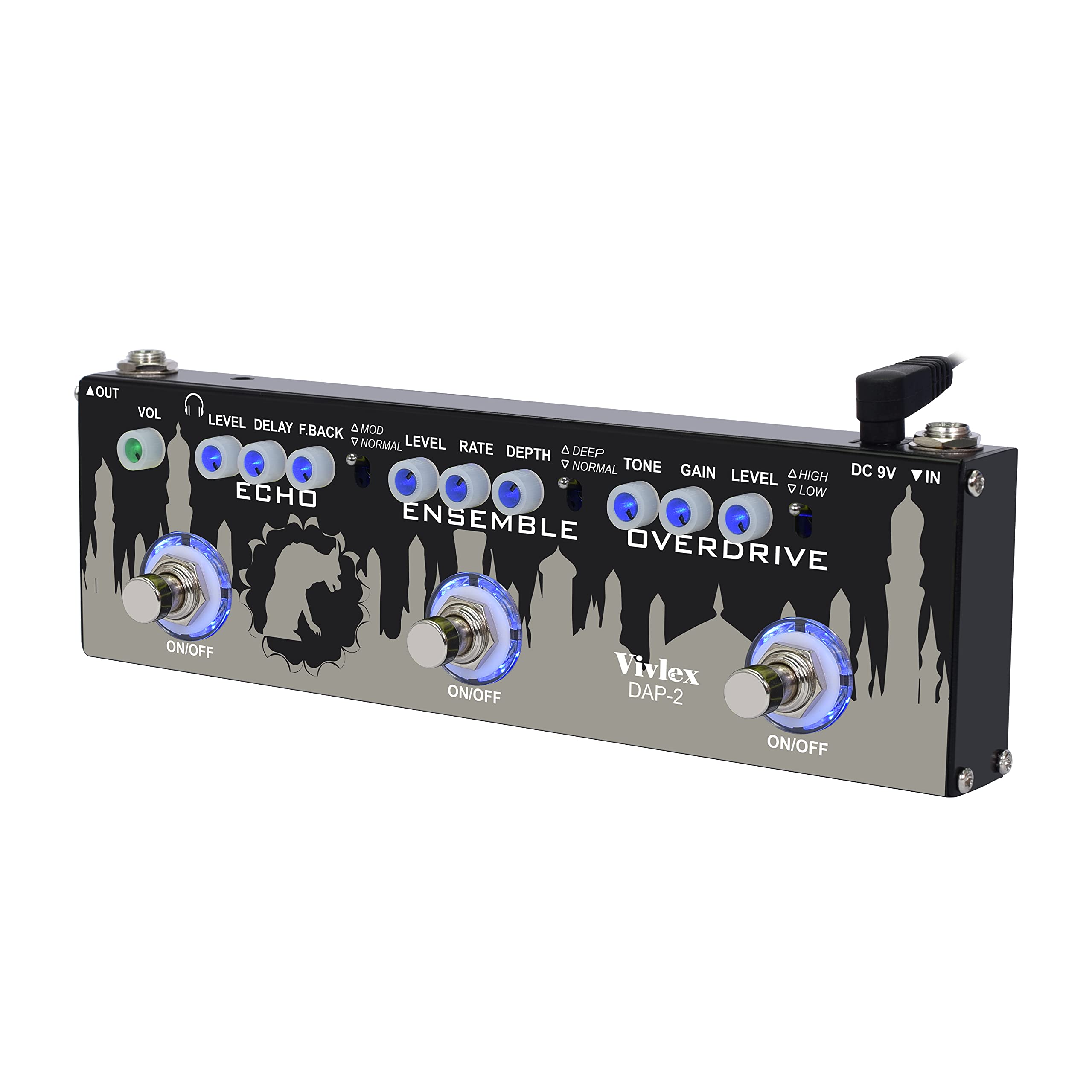 Vivlex Multi Effect Pedal with Echo + Ensemble/Chorus + Overdrive 3 Effects Mode in 1 Unit for Electric Guitar Bass DAP-2