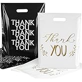 POPGIFTU Thank You Bags Bulk 100 Pack - 12"x15" Black & White Plastic Shopping Bags with Die Cut Handles, Thick Retail Merchandise Bag for Small Businesses, Boutiques, Gifts, Clothing