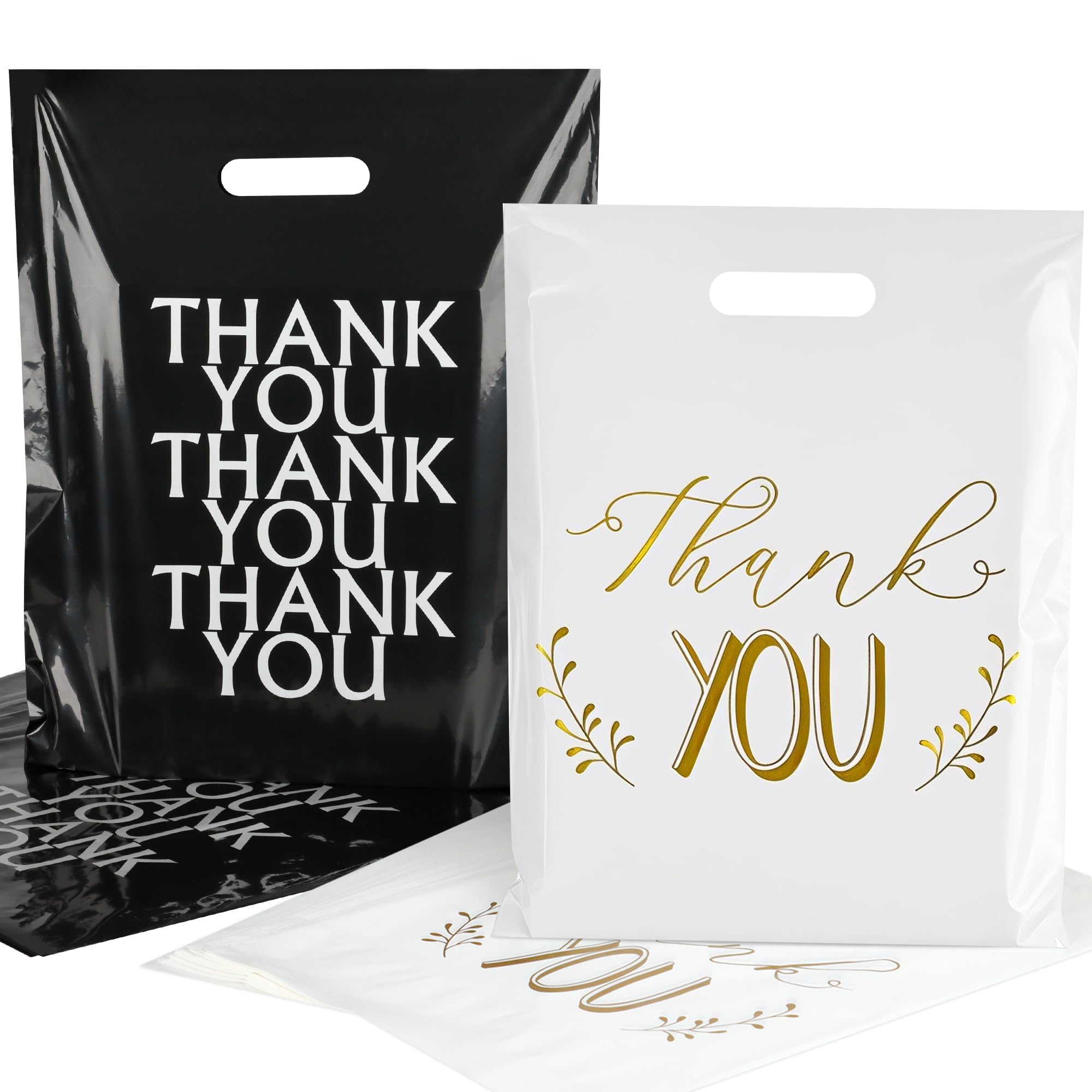 100 Pack Thank You Carrier Bags - 30x38cm Merchandise Retail Plastic Carrier Bags with Handles for Shopping, Gifts, Boutique, Stores, Business, Market Stall, Trade Shows, Wholesale (Black+ White）