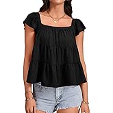 LYANER Women's Ruffle Pleated Square Neck Cap Sleeve Loose Fit Casual Blouse Top