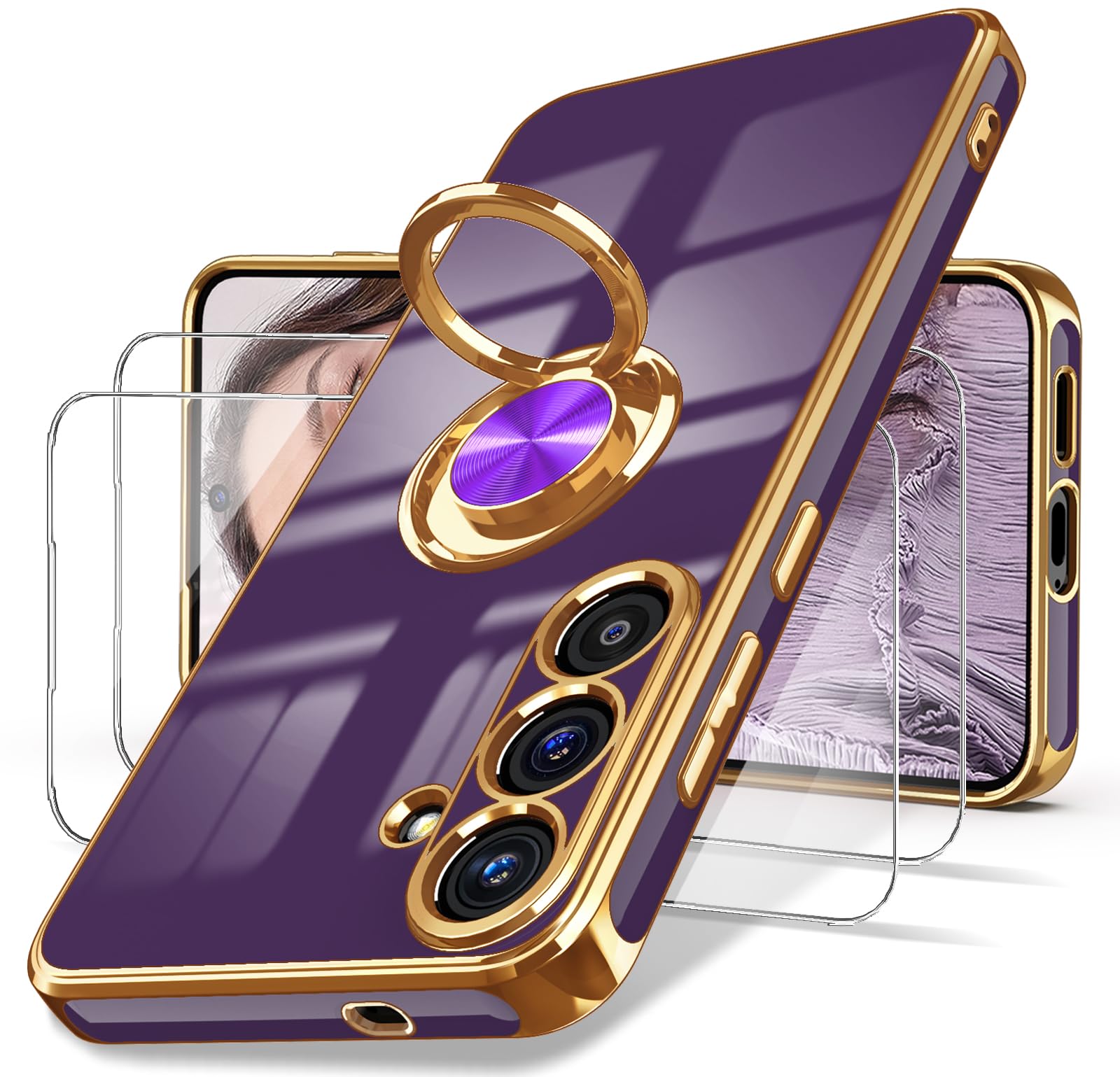 Dretal for Samsung Galaxy S25 FE 5G Case, Screen Protector, 360° Rotatable Ring Holder Magnetic Kickstand,Plated Gold Edge Slim Soft TPU Protective Phone Case Cover for Galaxy S25 FE (Deep Purple)