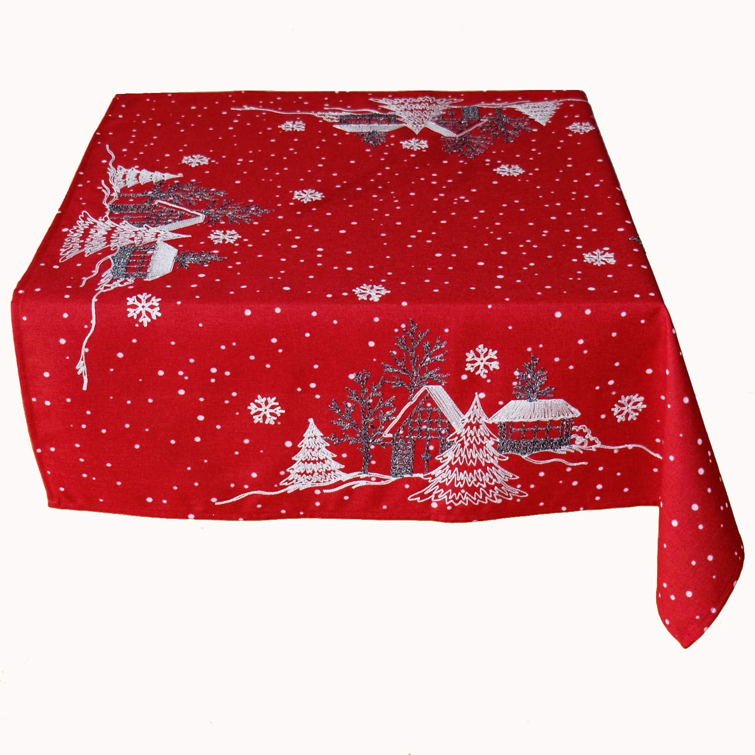 Raebel OHG Tischdece Haft wioska zimowa jodła Boże Narodzenie biały obrus bożonarodzeniowy (czerwono-biały, 85 x 85 cm)