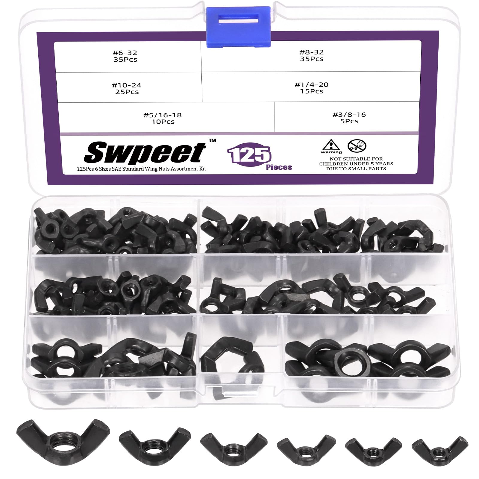Swpeet 125Pcs Black High Strength Carbon Steel SAE Wing Nuts Butterfly Nuts Hex Dome Cap Fasteners Hardware Assortment Kit, 6 Sizes - #6-32#8-32#10-24#1/4"-20# 3/8"-16#5/16"-18