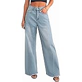 KICZOY Women's Wide Leg Jeans Baggy High Waist Boyfriends Strechy Raw Hem Denim Pants