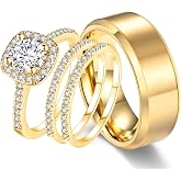 CEJUG 18k Yellow Gold Wedding Ring Sets for Him and Her Women Men Titanium Stainless Steel Bands 2Ct Cz Couple Rings