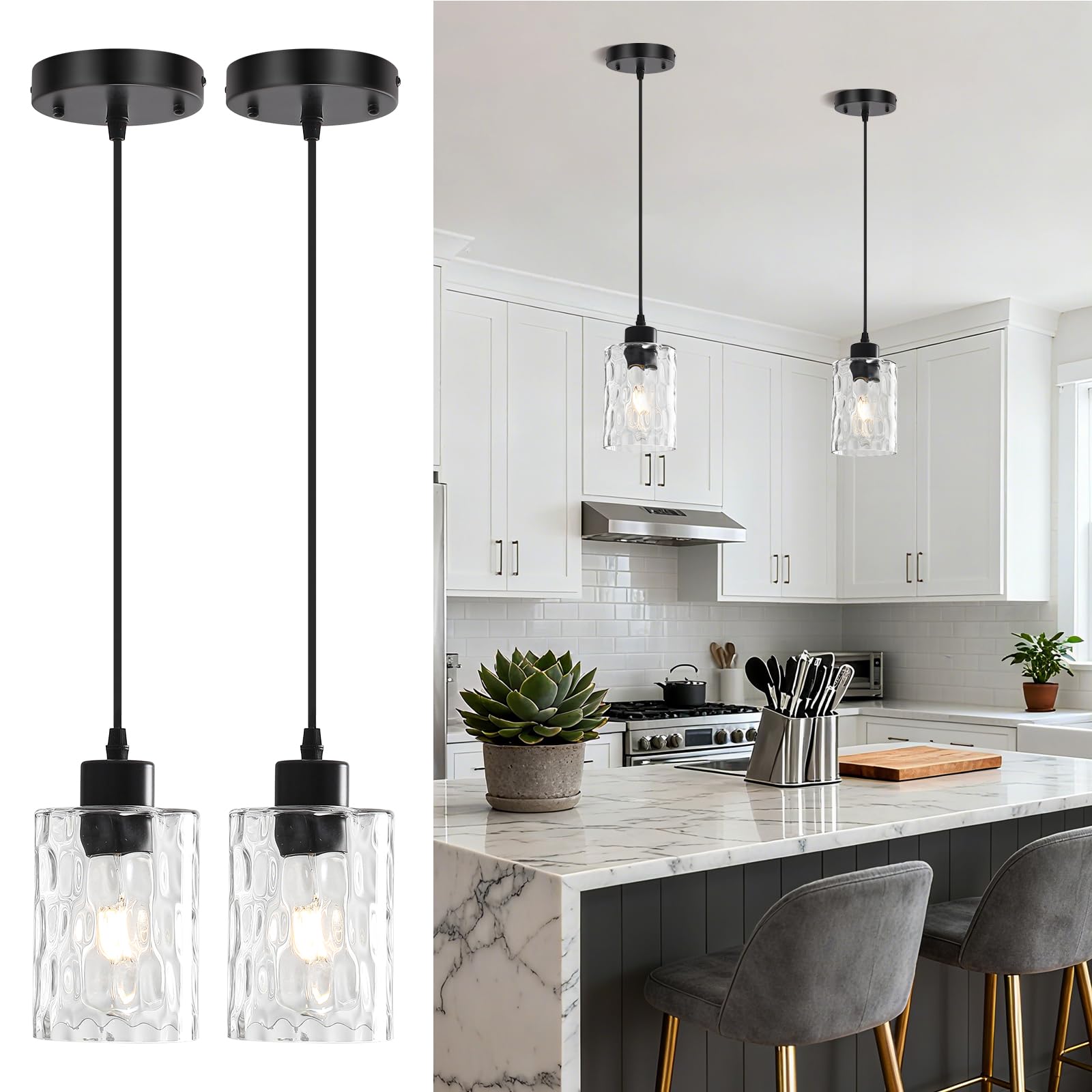 Photo 1 of 2 Pack Black Pendant Lights Kitchen Island, Adjustable Modern Glass Pendant Light Fixtures Hanging Light Fixture with Hammerde Glass Shade for Bedroom Dining Room Living Room Entryway