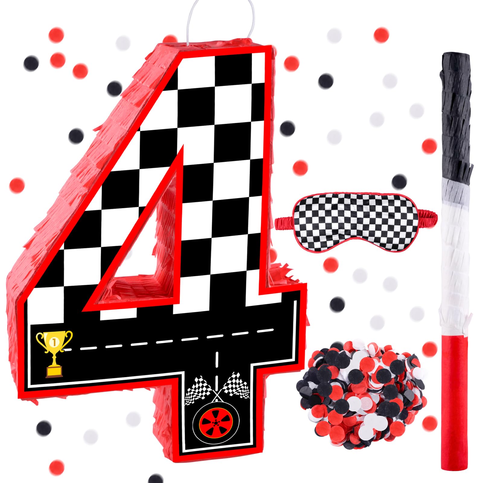 Photo 1 of 16 Inch Number 4 Race Car Pinata with 16 Inch Piñata Stick Blindfold Confetti for Boy Girl Kids 4th Birthday Party Decorations(4th)