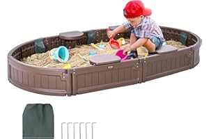 VEVOR Sandbox with Cover, 72 x 41.5 x 9.1 in Oval Sand Box, HDPE Sand Pit with 4 Corner Seating and Bottom Liner, Kids Sandbo