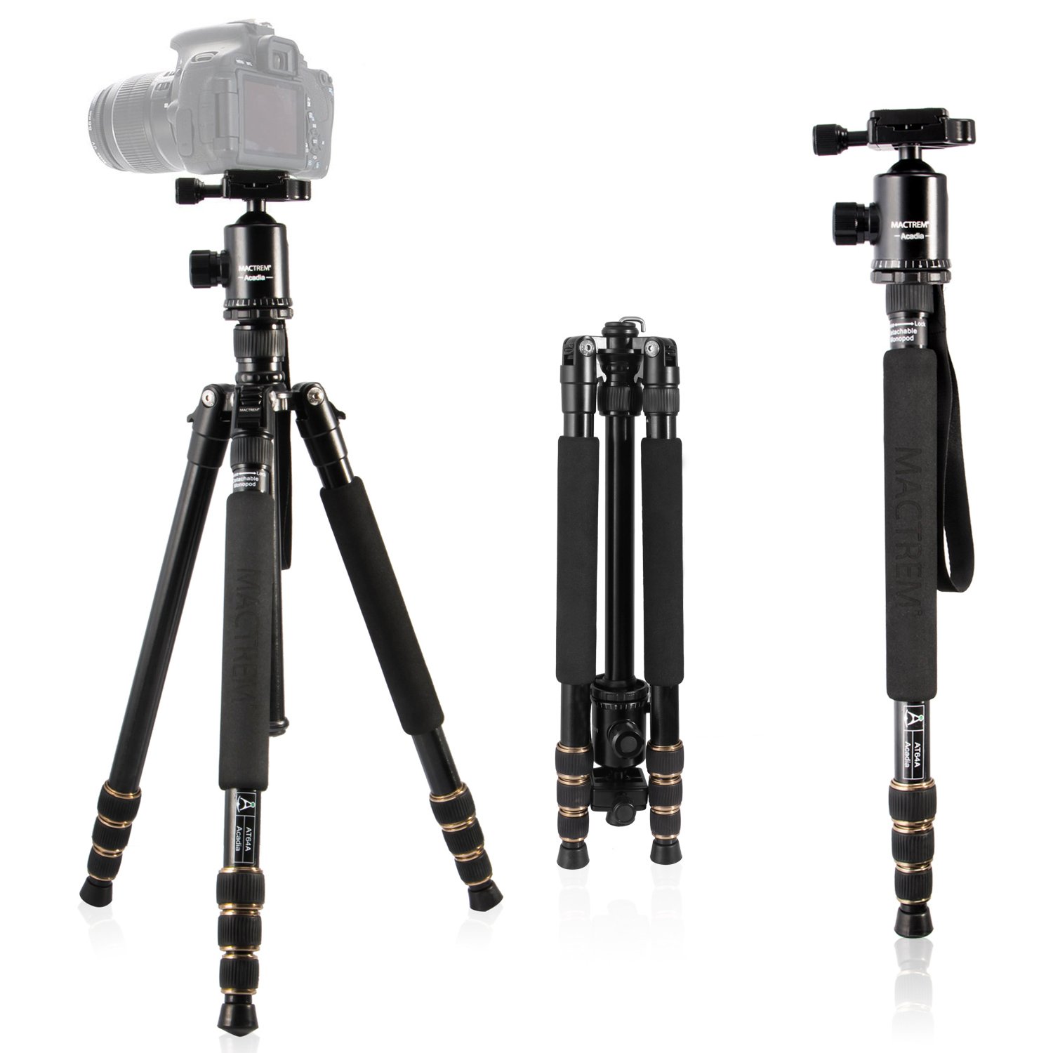 Tragbares Aluminium und Magnesium Kamerastativ Mactrem AT64, 163,8cm (64.5’’), abnehmbares Einbeinstativ, 360 Grad Kugelkopf, 63,5cm (¼’’) Schnellwechselplatte und Tragetasche für Digital/Video/Spiegelreflex Kameras – 15kg (33lbs) maximale 