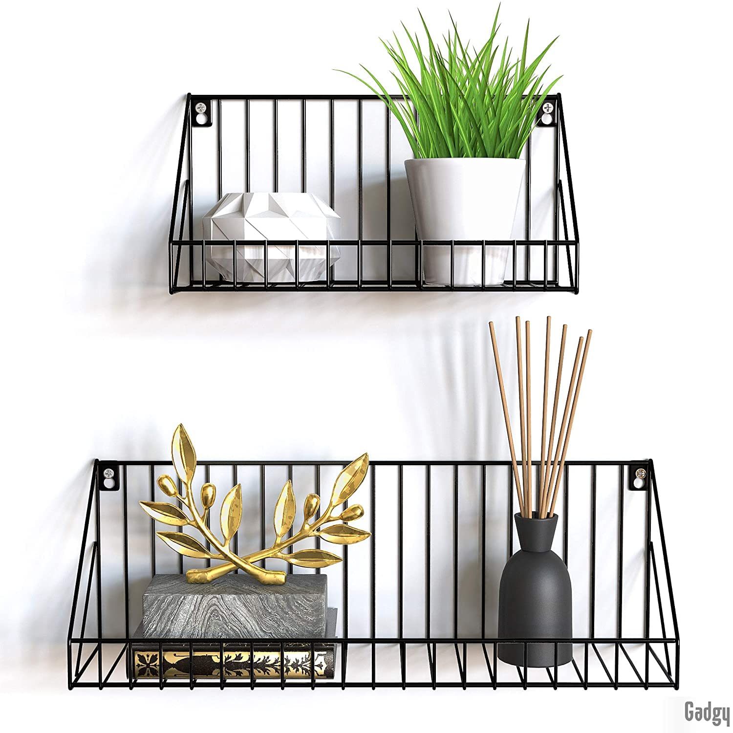 Gadgy Floating Shelves | Set of 2 Piece Hanging Wall Shelf | Black Metal wire frame | Size 45 x 12 x 15 cm. & 30 x 12 x 15 cm. | Wall Decoration for living room, kitchen and more