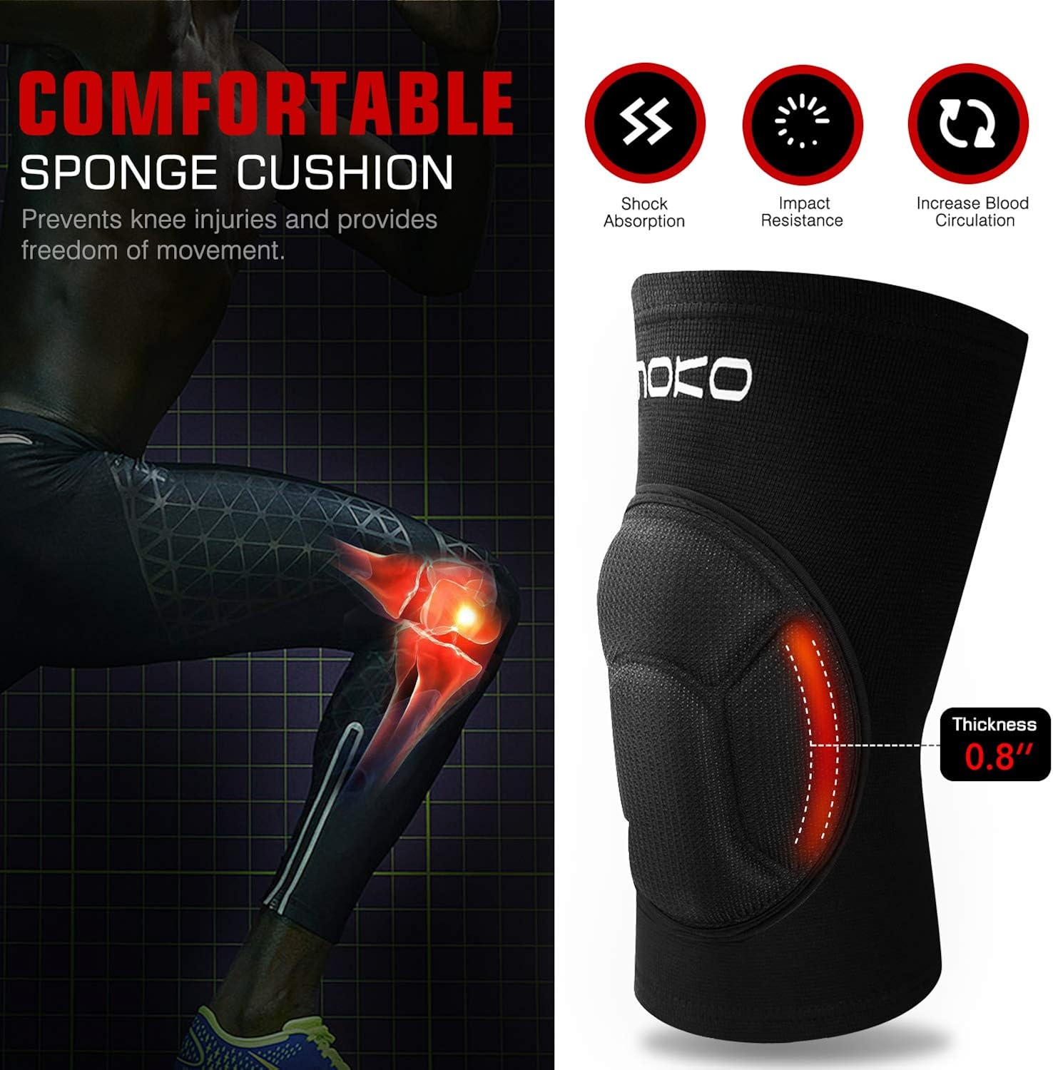 MoKo Knee Brace Support, Protective Volleyball Knee Pads, Professional Thick Sponge Compression Knee Sleeves for Dance Arthritis Joint Pain Relief Injury Recovery, Fit Men Women Youth, 1 Pair, Black : Clothing