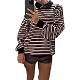 Women Striped Rugby Polo Shirt Y2k Oversized Lapel Collared Pullover Tops Loose Fit Button Up Long Sleeve Shirts