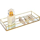 Feyarl Gold Clear Glass Vanity Tray Jewelry Trinket Rings Earrings Organizer Perfume Collection Display Decorative Tray Anti-Mirror Surface for Dressr Room Drawer Office Tabletop (9.84 x 3.93inch)