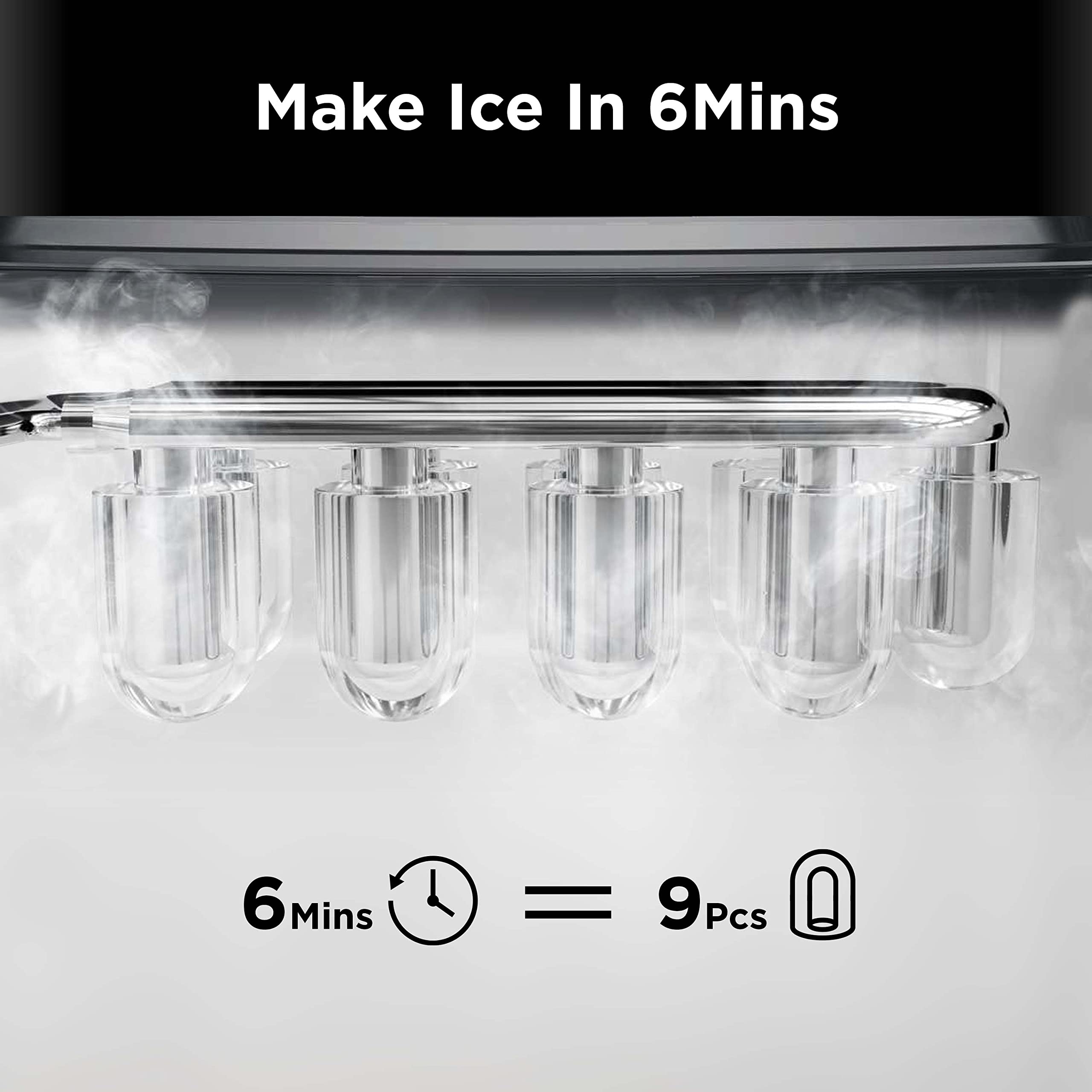 Silonn Ice Makers Countertop, 9 Cubes Ready in 6 Mins, 26lbs in 24Hrs, Self-Cleaning Ice Machine with Ice Scoop and Basket, 2 Sizes of Bullet Ice for Home Kitchen Office Party