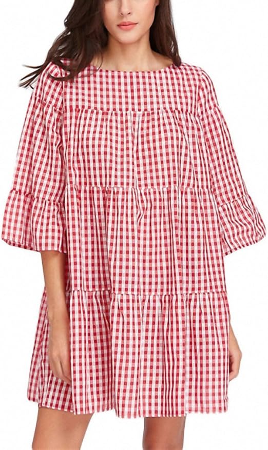 3/4 Sleeve Tiered Gingham Tent Dress Summer Boat Neck Plaid A Line