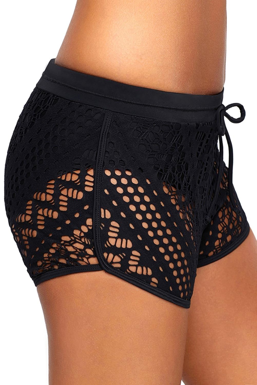 boldgal women's swimwear lace hollow out shorts (black)