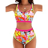 Blooming Jelly Womens High Waisted Bikini Sets Two Piece Swimsuits Modest Color Block Bathing Suits