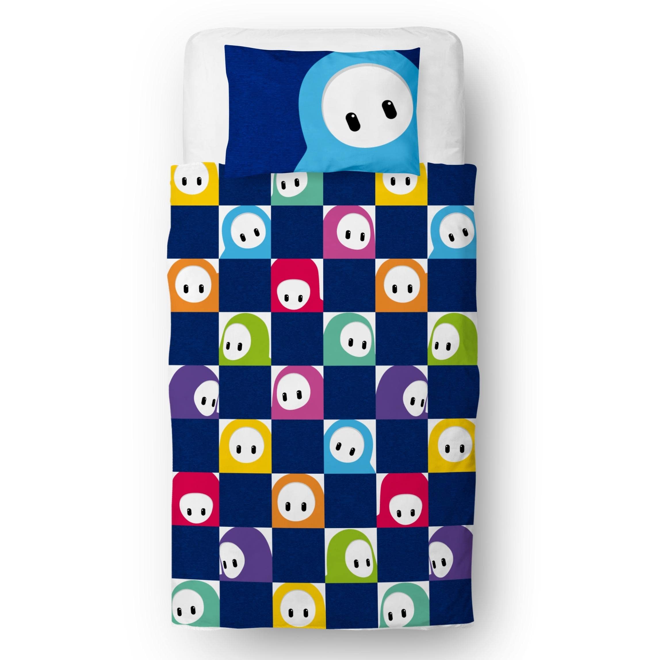 Official Fall Guys Grid Design Single Duvet Cover Set | Reversible 2 Sided Bedding Including Matching Pillow Case, Polycotton, Blue