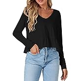 Vrtige Women's Casual V Neck Long Sleeve Ruffle Hem Peplum Babydoll Crop Top Shirt Blouse Pure Black-1 Large