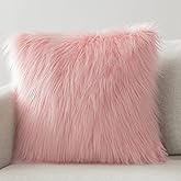 Phantoscope Faux Fur Solid Decorative Pillow Cover Fluffy Throw Pillow Mongolian Luxury Fuzzy Pillow Case Cushion Cover for Bedroom and Couch,Pink 18 x 18 Inches
