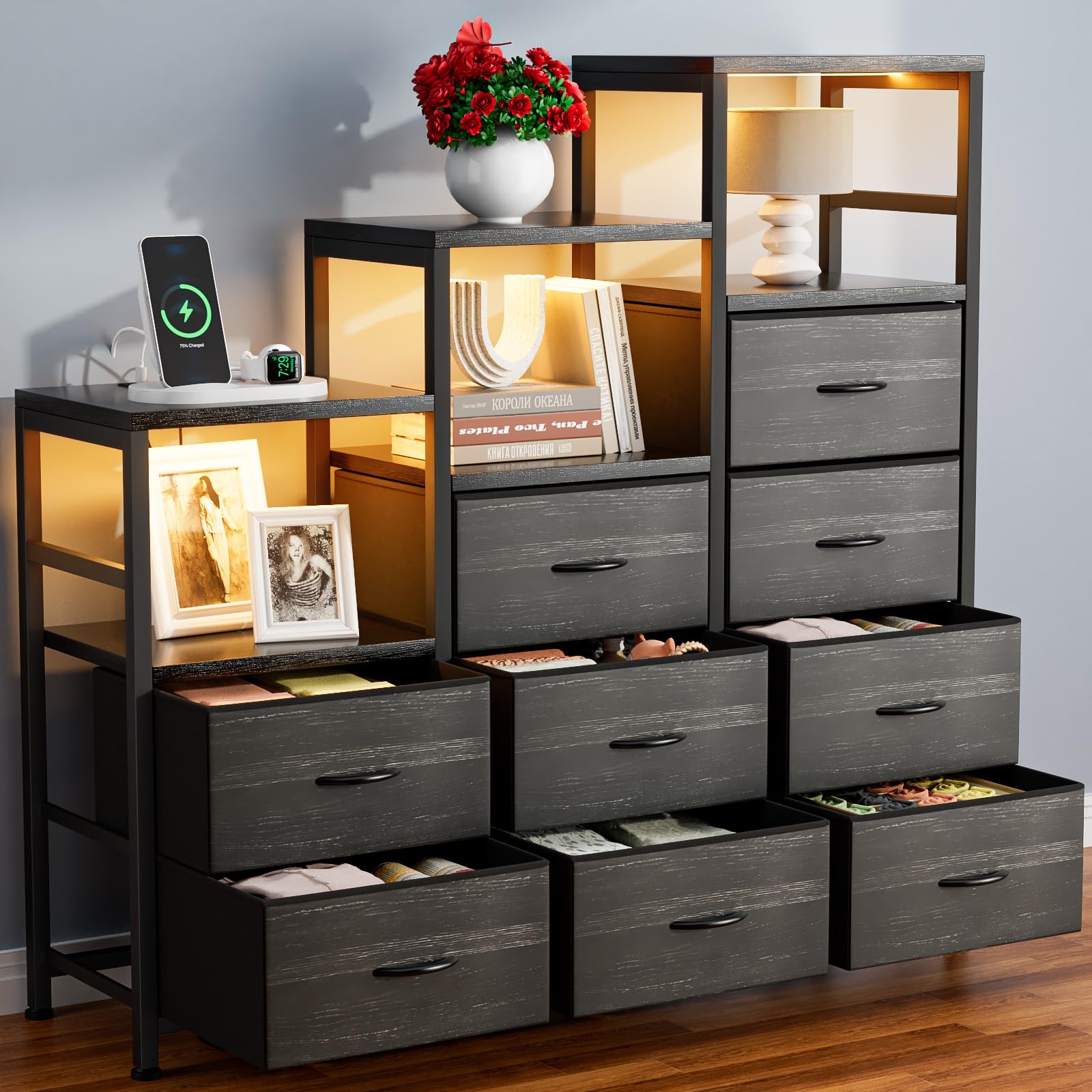Photo 1 of **FRAME ONLY/NO DRAWERS**HPWLYO 9 Drawer Dresser with LED Light, Tall Fabric Drawers Dresser for Bedroom with Power Outlets, Dressers & Chests of Drawers with 3 Shelves for Bedroom