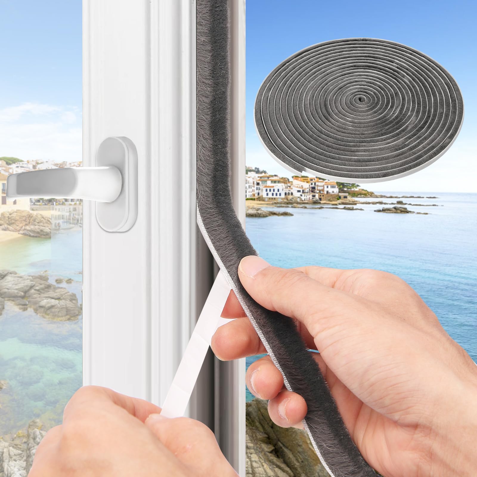 Weather Stripping Door Window Seal, 33Ft Self-Adhesive Brush Door Soundproofing Seal Strip for Sliding Windows and Door Frames, 0.35 Wide X 0.59 Inch Thick, Gray