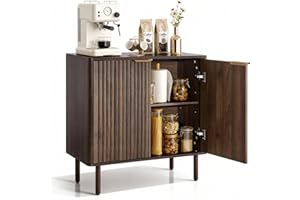 VEVOR Coffee Bar Cabinet, Mid Century Fluted Coffee Bar Table with 2-Tier Storage, Buffet Stand Cabinet with Barn Door, Sideb