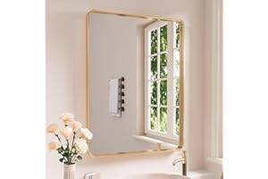 JISOSO Gold Bathroom Mirror, 24x32 Inch Brushed Gold Metal Frame Mirror for Wall, Rounded Rectangle Bathroom Vanity Mirror, Tempered Glass, Anti-Rust, Horizontal/Vertical