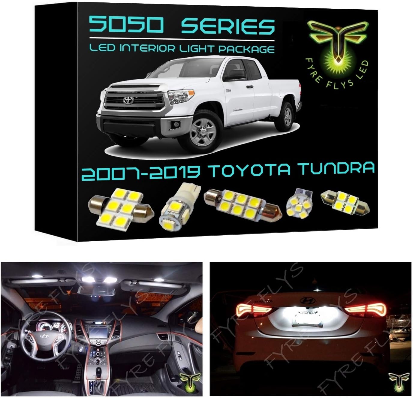 Fyre Flys 18 Piece White LED Interior Lights for 2007-2019 Toyota Tundra 6000K 5050 Series SMD Package Kit and Install Tool