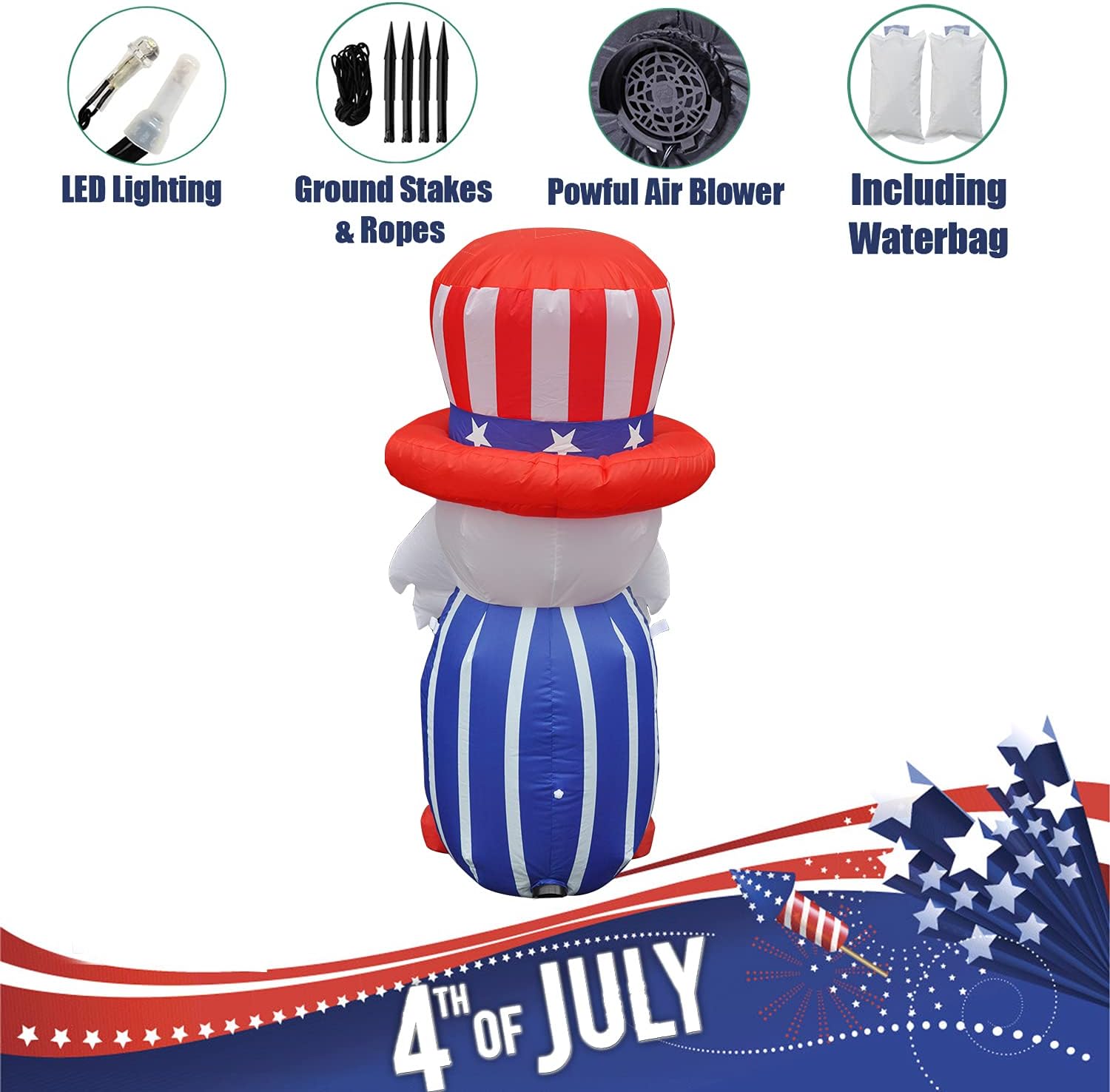 BLOWOUT FUN 4ft Inflatable 4th of July Independent Gnome Holding America Heart LED Decoration Blow Up Lighted Decor Indoor Outdoor Holiday Art Decor Decorations: Garden & Outdoor