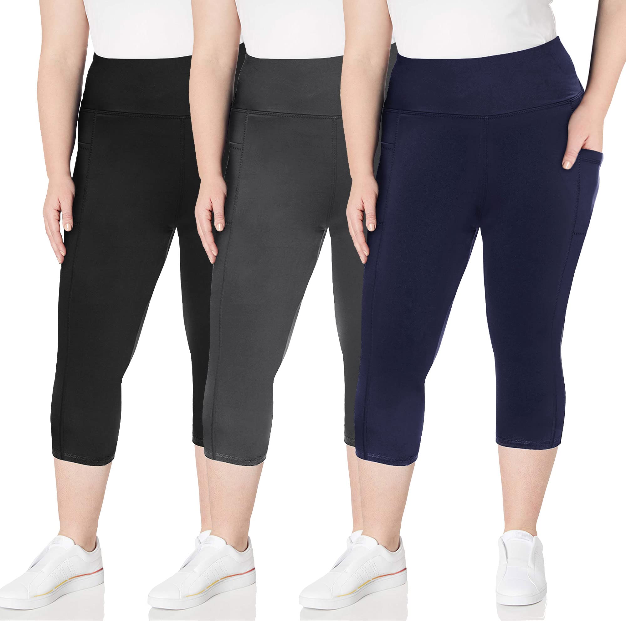 Photo 1 of TNNZEET 3 Pack Plus Size Capri Leggings with Pockets for Women, High Waisted Black Workout Yoga Leggings 2X 3X 4X