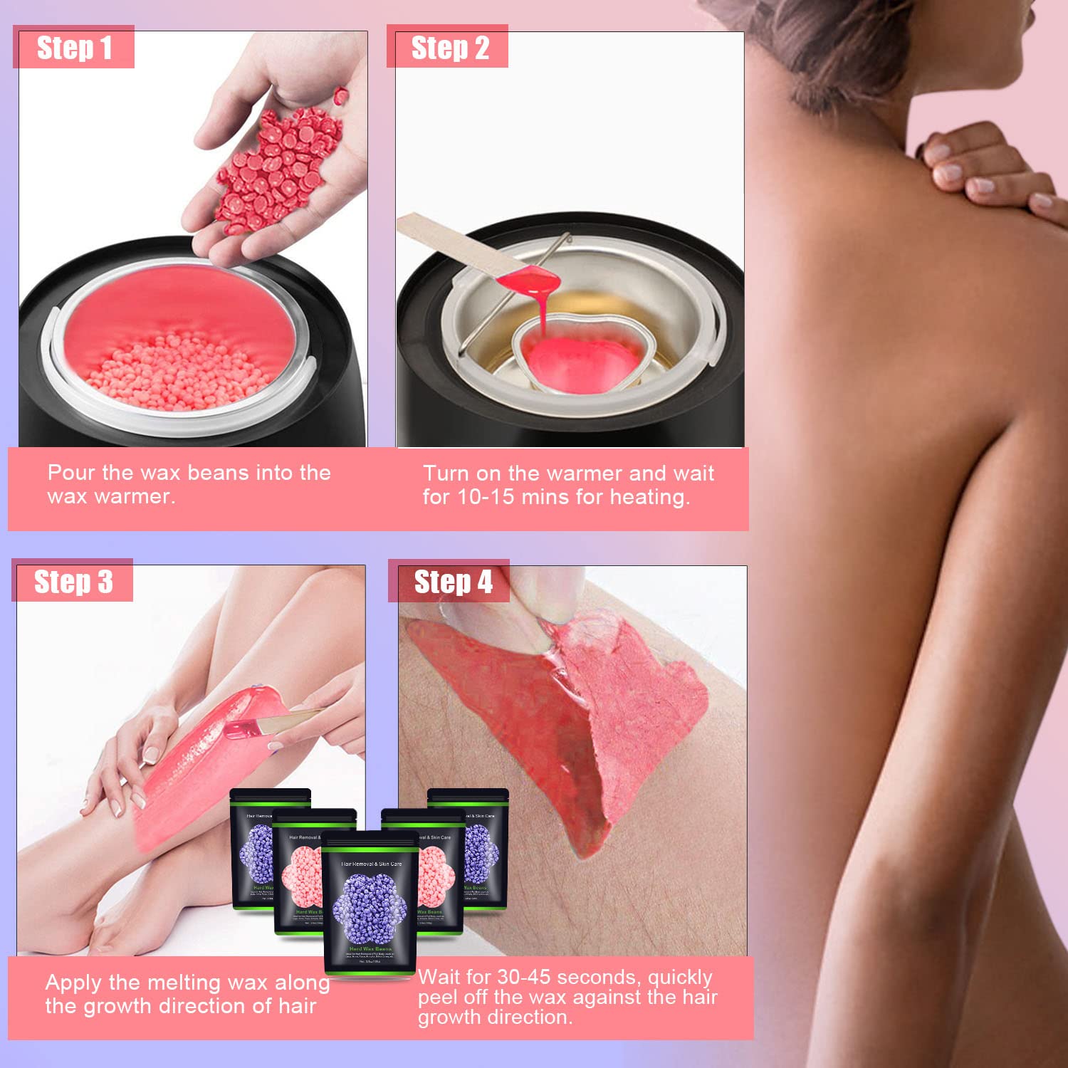 Auperwel Wax Beads for Hair Removal 1.1 lb (17.6 oz), Hard Wax Beads for Sensitive Skin - Brazilian, Face, Bikini, Legs, Eyebrow, Painless Waxing Beads Kit for Women Men, 5 Packs with 10 Wax Sticks