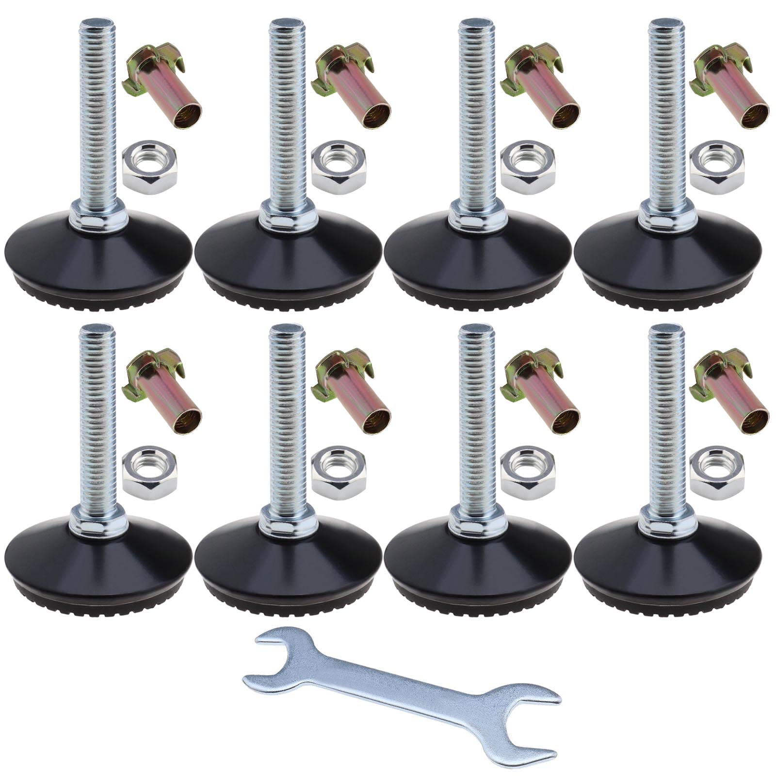 eMagTech 8 Set Adjustable Levelling Feet M10 Height Adjuster Furniture Levellers Foot with T Nut Bolt Wrench for Table Chair Kitchen Cabinet Black