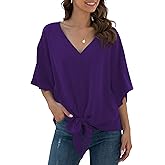 VIISHOW Womens Tie Front Chiffon Blouses V Neck Batwing Short Sleeve Summer Tops Shirts
