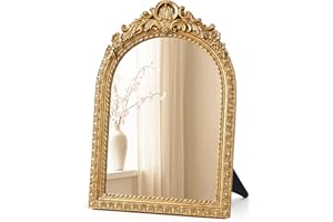 rumdraw Baroque Gold Tabletop Mirror, Ornate Antique Vanity Mirror with Stand, Decorative Makeup Accessory for Desk, Dresser 