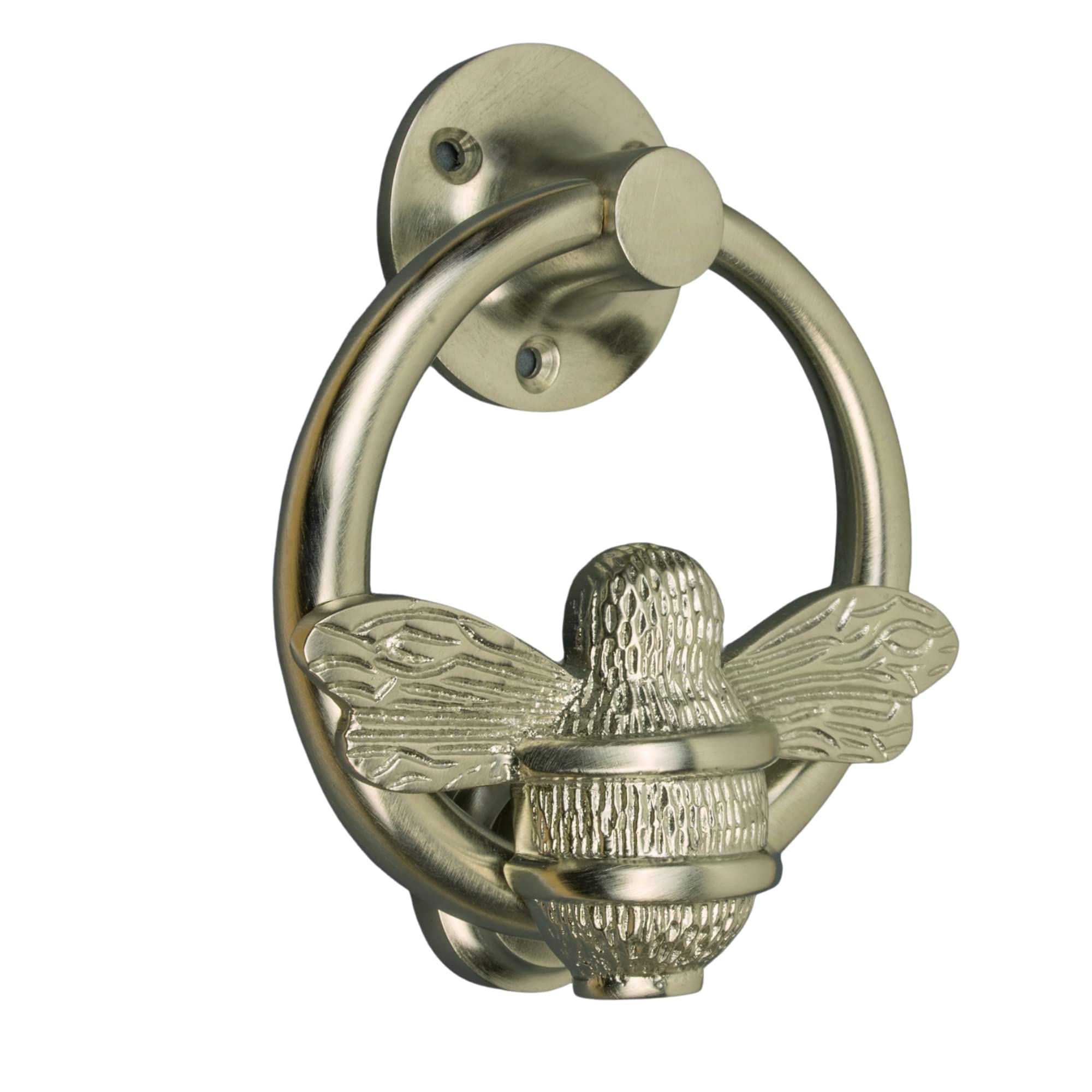 Satin Bee Door Knocker for Front Door | Polished Solid Brass Bee Ring | Satin Knockers with Strike Plate | UPVC | Bumblebee Front Door Furniture with a Unique Design