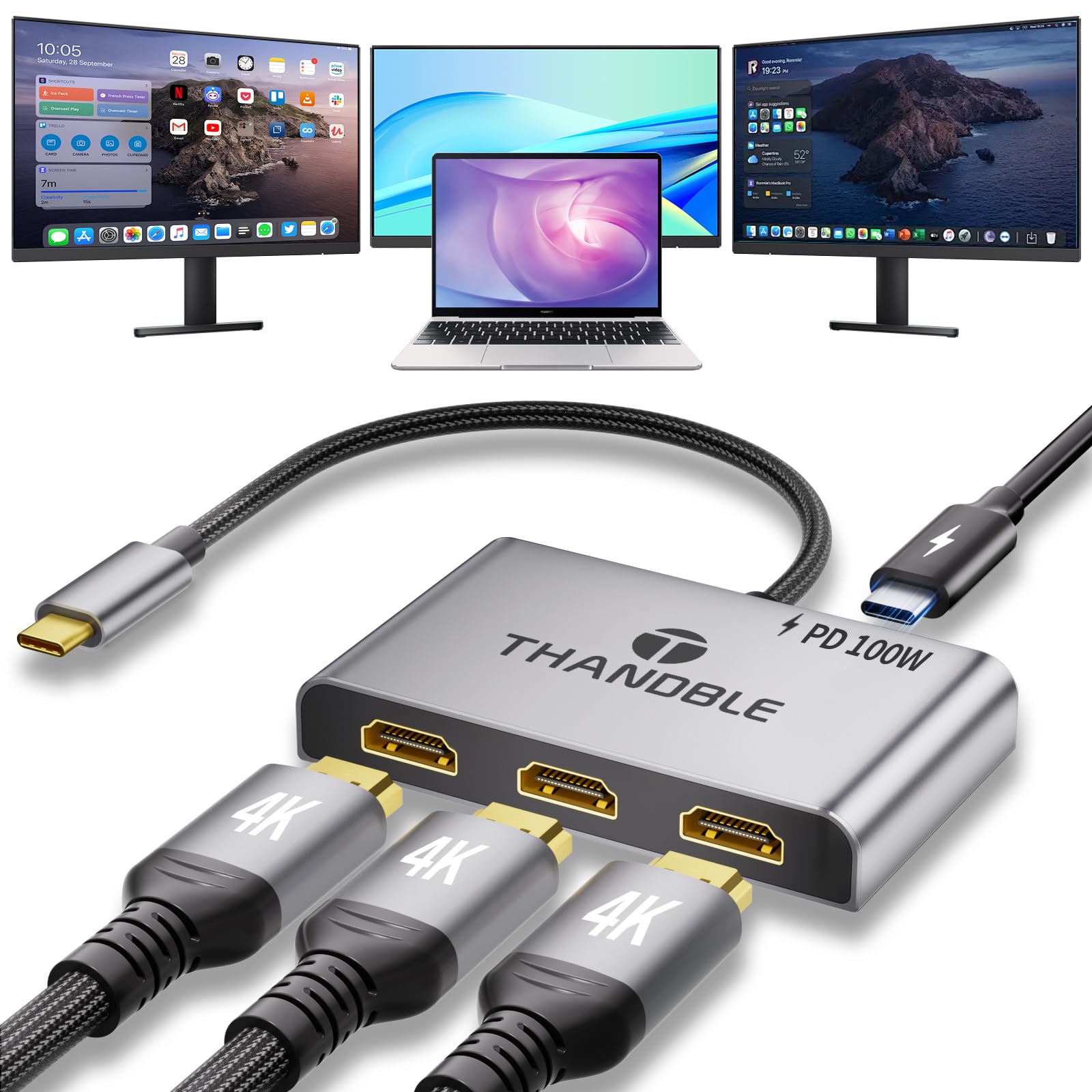 Photo 1 of THANDBLE USB C to 3 HDMI Adapter with 100W PD Charging, Triple 4K60Hz Monitor Extender for Dell/Surface Pro/HP, HDMI Splitter Extended Display Hub, Plug & Play Laptop Multi-Screen Adapter