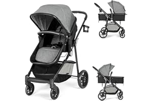 HONEY JOY Baby Stroller, High Landscape Convertible Infant Bassinet Stroller, Adjustable Canopy & Backrest, Storage Basket, Cup Holder, Foldable Newborn Carriage Pram Stroller (Gray)