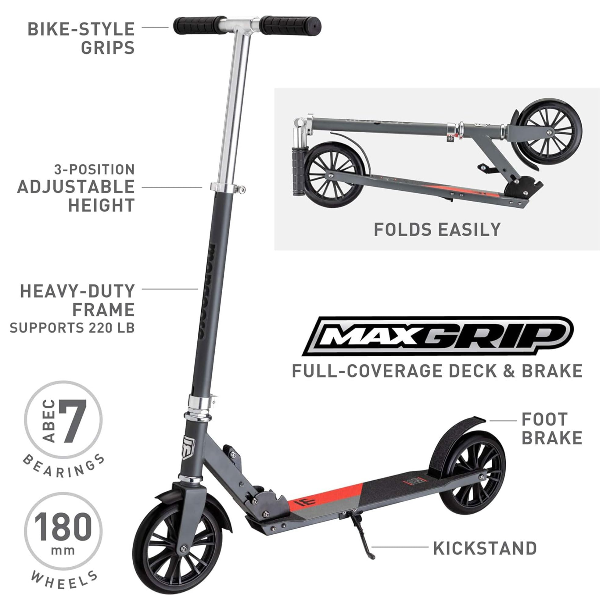 Mongoose Trace Kick Scooter for Youth Adult Boys and Girls, Quick-Release, Lightweight & Easy Folding Scooter, Bike Style Grips, Supports 176 lb Up to 220 lbs